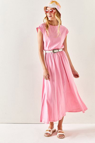Olalook Women's Pink Bat Cotton Dress with Elastic Waist ELB-19001509
