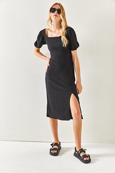 Olalook Kadın Siyah Yırtmaçlı Sırt Dekolteli Midi Elbise ELB-19001934