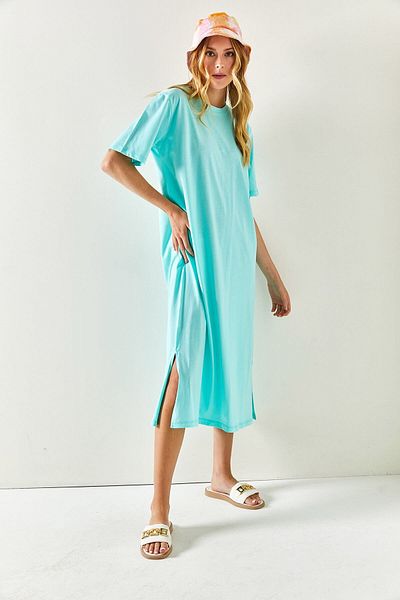 Olalook Γυναικείο Βαμβακερό Μέντα Πράσινο Oversize φόρεμα με σκίσιμο στο πλάι ELB-19001880