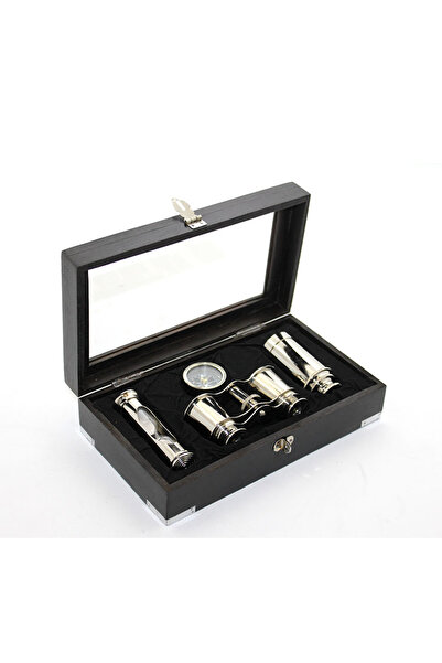 TTT Brass Binoculars Compass and Hourglass Set with Wooden Box