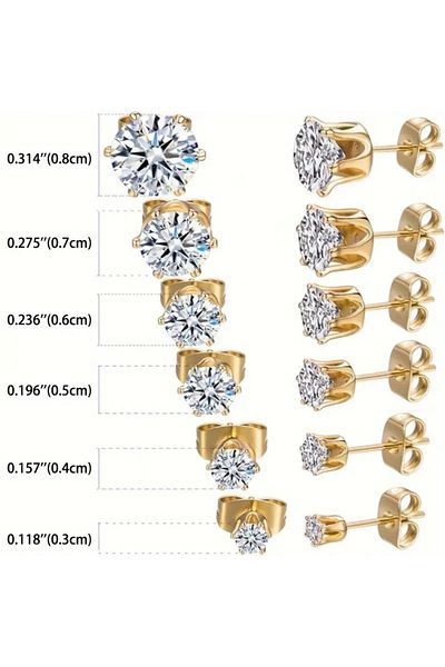 HDCreativeDesign Set of 6 Shiny Cubic Zircon Hypoallergenic Stainless Steel Nail Earrings