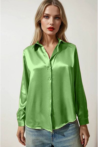 hazelin Cămașă cu suprafață de satin, verde fistic, pentru femei Hzl22w-bd139641