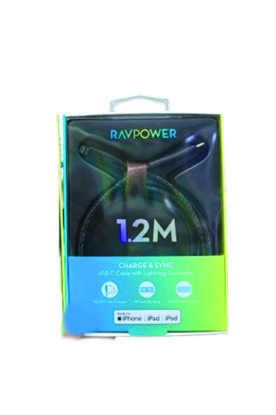 RavPower كابل USB-C إلى Lightning مضفر بطول 1.2 متر باللونين الأبيض والأسود