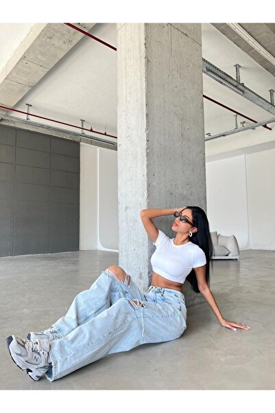 Maule Cloud Blue Spona Detailní Volný střih Široká noha Pohodlné Baggy Jean Jeans Volné dámské kalhoty @milano