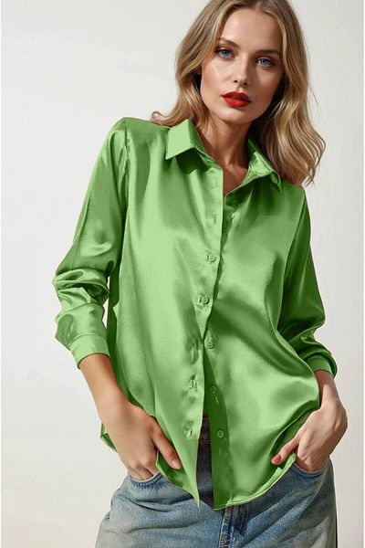 hazelin Cămașă cu suprafață de satin, verde fistic, pentru femei Hzl22w-bd139641