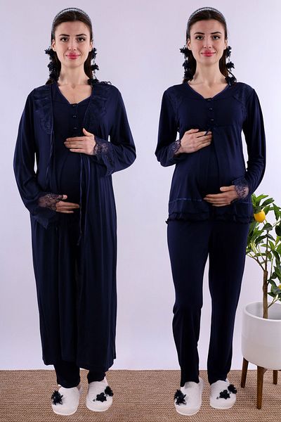 ByLohusa Effortt Navy Blue Maternity Pajama Set with Dressing Gown