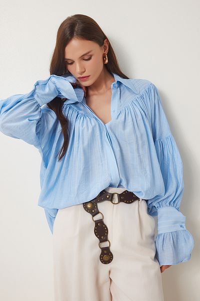 Lovelyİstanbul Shirred Poplin Shirt, Blue Color Lfn0097