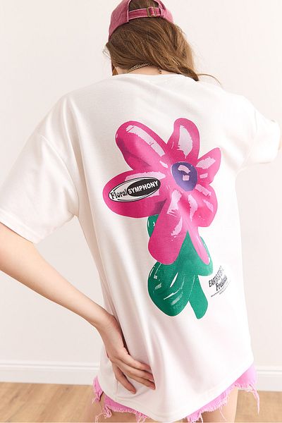 Olalook Tricou cu 2 fire pentru femei, alb, cu imprimeu în față și în spate, cu 2 fire TSH-19000887