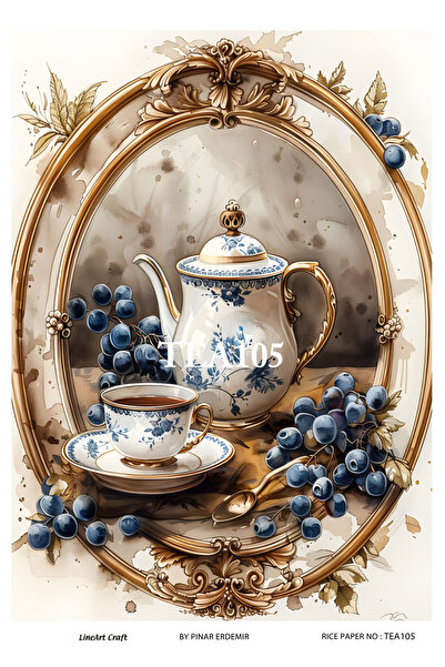 LİNEART Tea,Çaydanlık,Fincan ,Kitap, Çiçekler Deseni TEA Serisi Pirinc Dekopaj Kagıdı 29X42cm No:TEA105