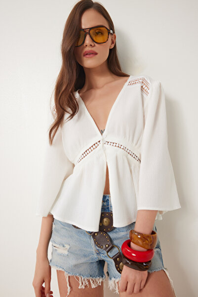 Lovelyİstanbul Εποχιακή λινή μπλούζα με δαντέλα KEMIK LNS0044