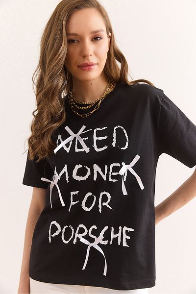 Olalook Tricou cu șuvițe cu 2 fire, cu detaliu cu fundă antracit, pentru femei TSH-19000885
