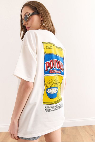 Olalook Tricou Chips pentru femei, alb, cu imprimeu în față și în spate, cu 2 fire, TSH-19000887