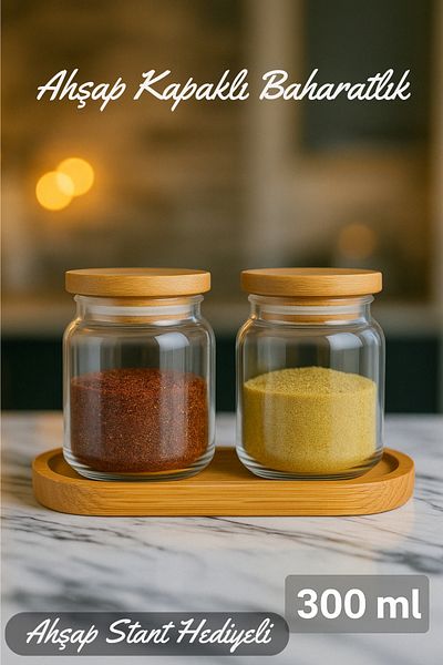 Serin Bardak 2-Piece Spice Set with Bamboo Lid and Stand 300ml