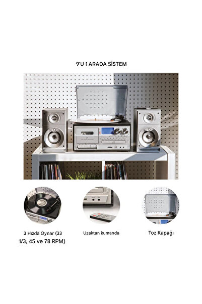 FLAGEN KN-120 Bluetooth CD'li Kaset USB Radyo 33-45-78 Plaklar Çalar Pikap Çift Hoparlörlü Kumandalı