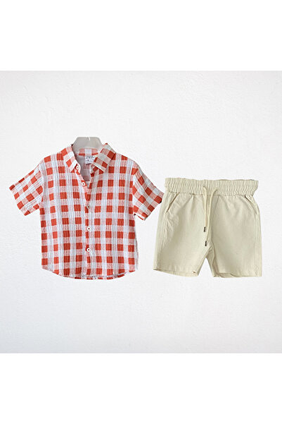 NOBLEKIDS Red Plaid Shirt and Cream Shorts Set