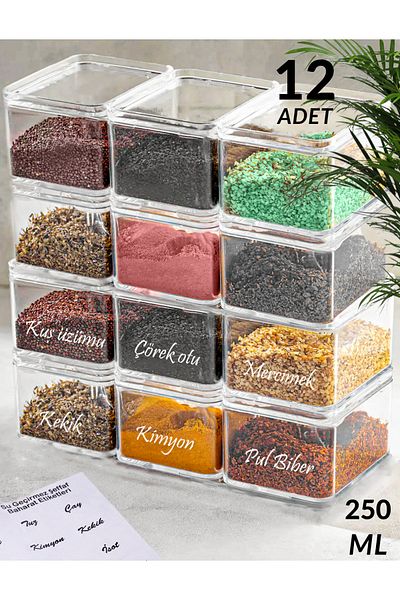 Serin Bardak Set of 12 250 ml Acrylic Spice Shakers Storage Container (Transparent Label Gift)
