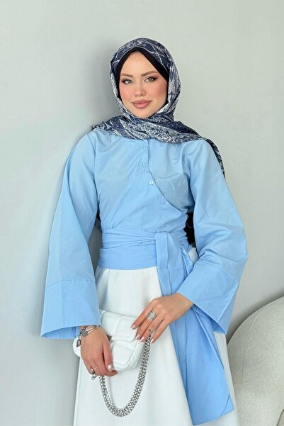 Miraydın Butik Γυναικείο πουκάμισο με ζώνη με κορδόνι στη μέση M200 - Baby Blue