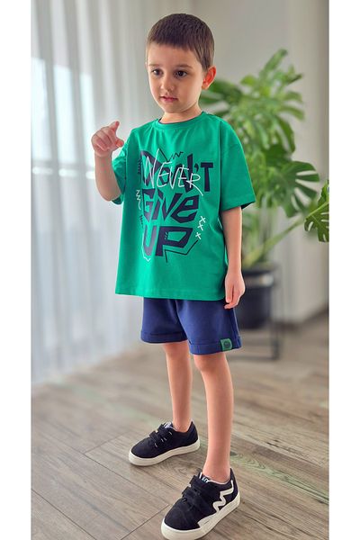 BALKABAĞI Dont Never Green Navy Blue Label Detailed Double Color Collar Cotton Boy's Summer Suit