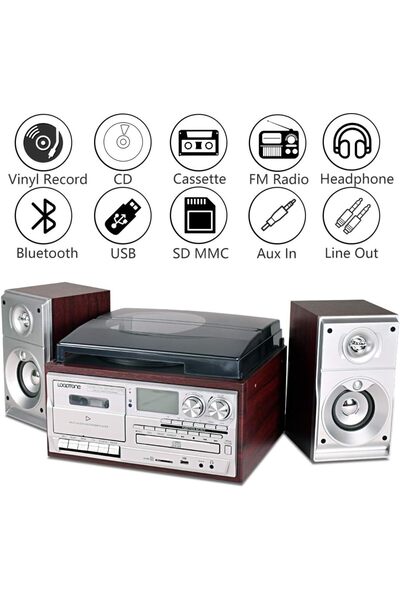 FLAGEN KN-120 Bluetooth CD'li Kaset USB Radyo 33-45-78 Plaklar Çalar Pikap Çift Hoparlörlü Kumandalı