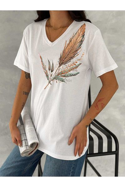 Laderra Feather Pens Pattern V-Neck T-Shirt