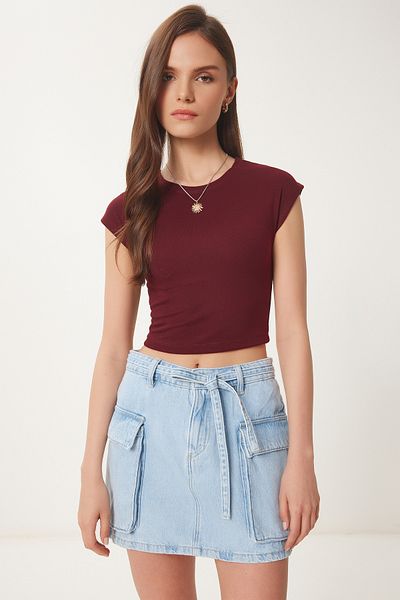 Lovelyİstanbul Basic Crop Πλεκτή Μπλούζα Claret Red LFW0005
