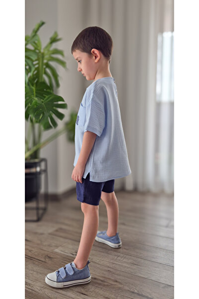 BALKABAĞI Fish Ice Blue / Navy Blue Muslin 100% Cotton Natural Fabric Summer Boy's Suit Mtye0080
