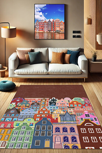 The Reef Design Amsterdam Şehir Desenli Dokuma Tabanlı Kaymaz Halı Dijital Ba...