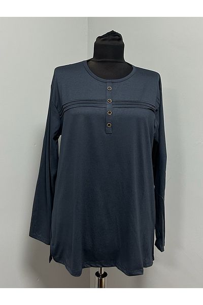 ÖZDEV Women's Rikralı Mother Combed Cotton Middle-Aged and Above Striped Striped Button Detailed Blouse