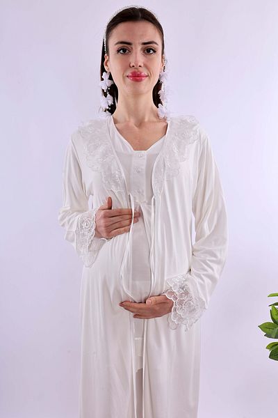 ByLohusa Effortt Ecru Maternity Pajama Set with Dressing Gown