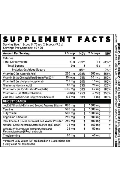 Ghost Gamer Energy and Focus Support Nootropics 40 Services (Arginine+Zink+Tyrosin+Taurin)