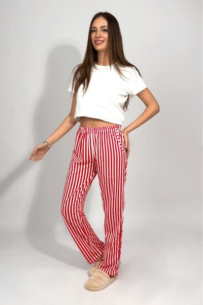 Betimoda Kadın Cepli Pamuklu Lastikli Bel Kurdeleli Desenli Pijama Altı Kırmızı Çizgili