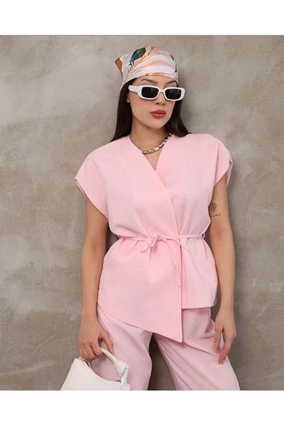 Meros Atelier Premium Linen Fabric Pink t Sleeve Tie-Up Vest Pants Set