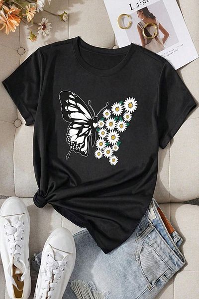 VBSVİBES تي شيرت أسود من قماش جيرسيه مطبوع عليه Butterfly Daisy - تي شيرت برقبة دائرية مقاس كبير