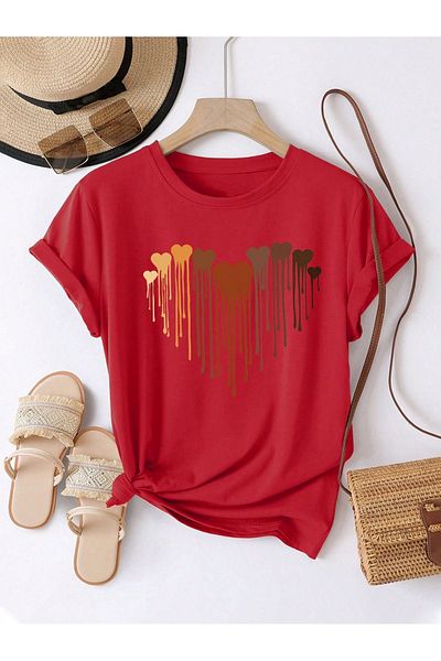 VBSVİBES Tricou roșu din jerseu cu imprimeu Melting Hearts - Tricou supradimensionat cu decolteu