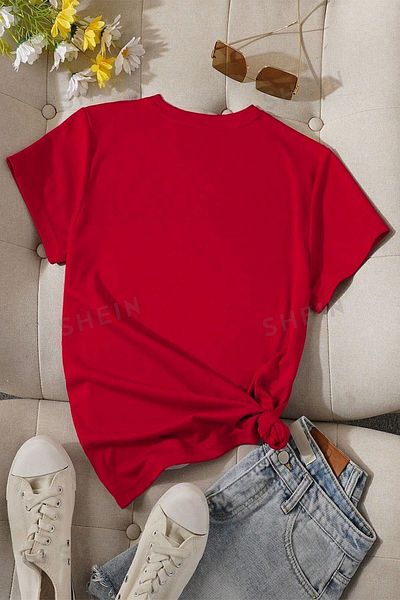 VBSVİBES Tricou roșu din jerseu cu imprimeu Butterfly Daisy - Tricou oversize cu decolteu