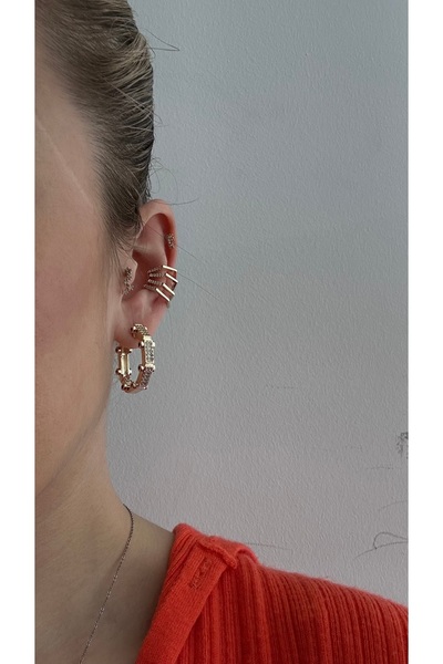 Tasarım Altıgen Taşlı Gold Serenay Küpe