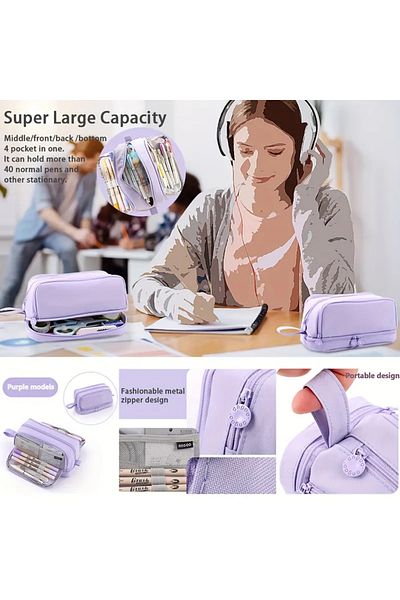 ada çanta kırtasiye 4 Compartment Large Capacity Pencil Case *** Lilac***Ad5913