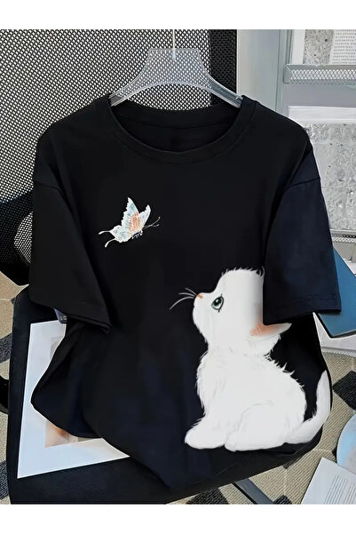 GALASHOP Kadın Kedi Desenli T-shirt