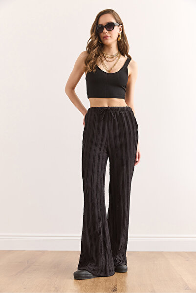 Olalook Women's Black Textured Elastic Waist Pocket Draped Pants Pnt-19000333