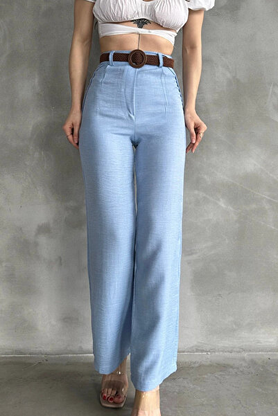 Caddebostan Moda Pantaloni de damă din in cu centură în talie 100% bumbac