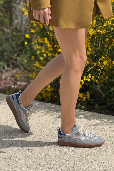 NİŞANTAŞI SHOES Dámská šněrovací sportovní obuv Myla Stone Grey Suede Mesh s plochou podrážkou