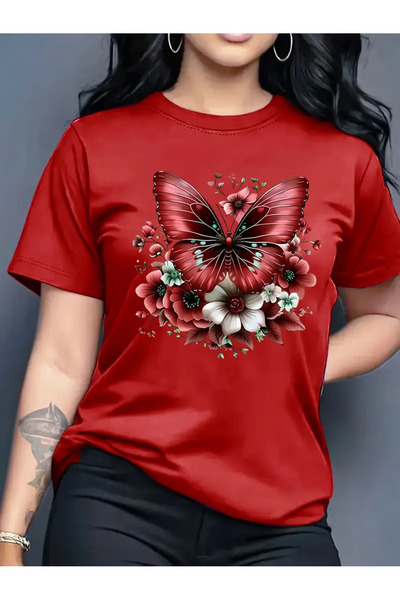 GALASHOP Kadın Pink Butterfly & Floral Print T-Shirt