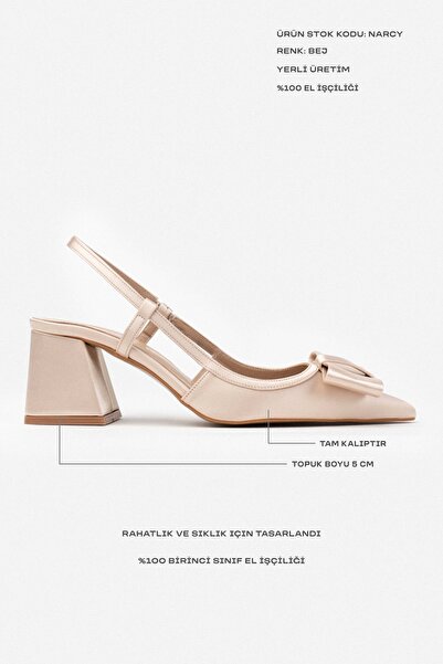 NİŞANTAŞI SHOES Narcy bézs szatén masni részletes hegyes orrú női sarkú cipő