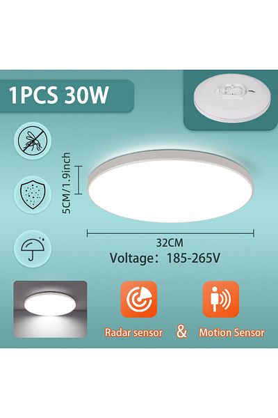 Choice 1PC Cold Light 6000K 30W Radar Sensor 1PC LED Radar Sensor Ceiling Light 220V Smart Ceiling Lamp for
