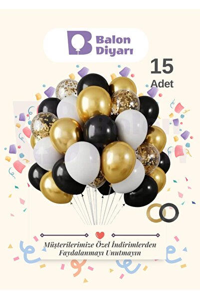 BALON DİYARI 15 Adet Siyah - Beyaz- Konfetili Şeffaf Balon , Metalik Gold Bal...