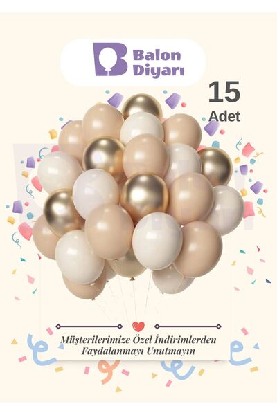 BALON DİYARI Beyaz & Ten Rengi & Gold Konfeti Şeffaf 15 Adet Balon Seti