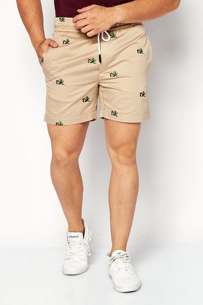 Palm Angels Men Drawstring Embroidered Shorts, Beige