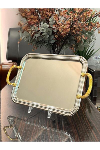 aljahwari Single serving tray, two-tone nickel finish, with a gold handle