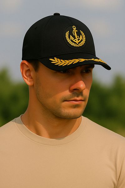 CosmoOutlet Unisex Black Captain Hat - Sailor Model, Anchor Embroidered, Adjustable on the Back