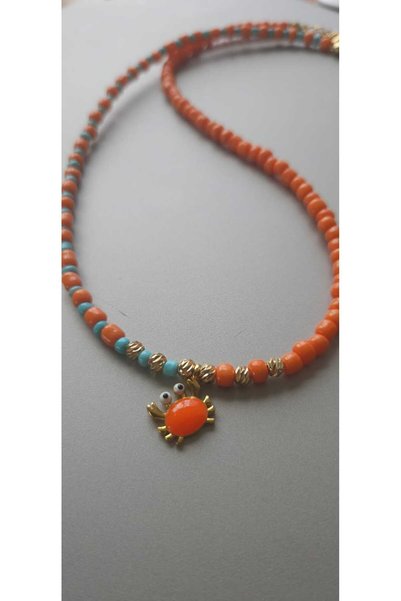 MITH SB TAKI Orange & Turquoise Glass Beads Crab Charm Necklace